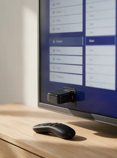 Fire TV Stick am HDMI-Anschluss eines Fernsehers, daneben die Fernbedienung, im Bild die geöffnete Senderliste