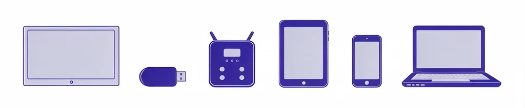 Reihe kompatibler Geräte: Fernseher, Streaming-Stick, Set-Top-Box, Tablet, Smartphone und Laptop
