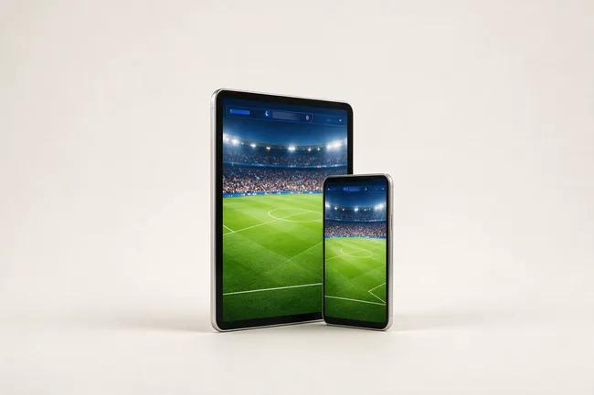 Tablet und Smartphone nebeneinander, auf beiden läuft dasselbe Fußballspiel in der Live-Konferenz